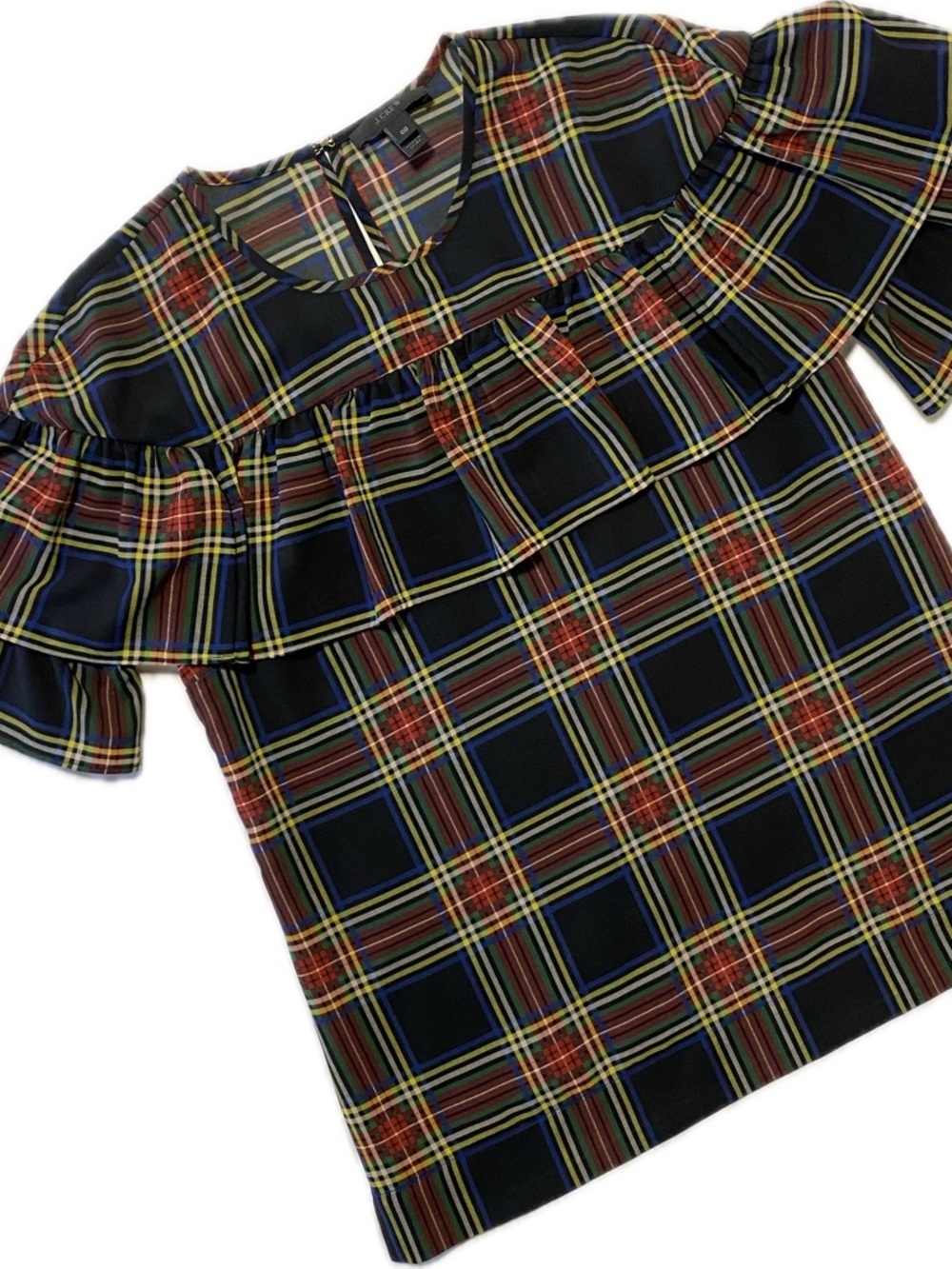 J. Crew Navy Plaid Ruffle Yoke Blouse with Multicolor Tartan